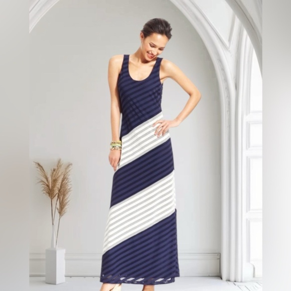 ECI Navy and White Diagonal Striped Maxi Sleeveless Dress NWT Women’s Size Small
